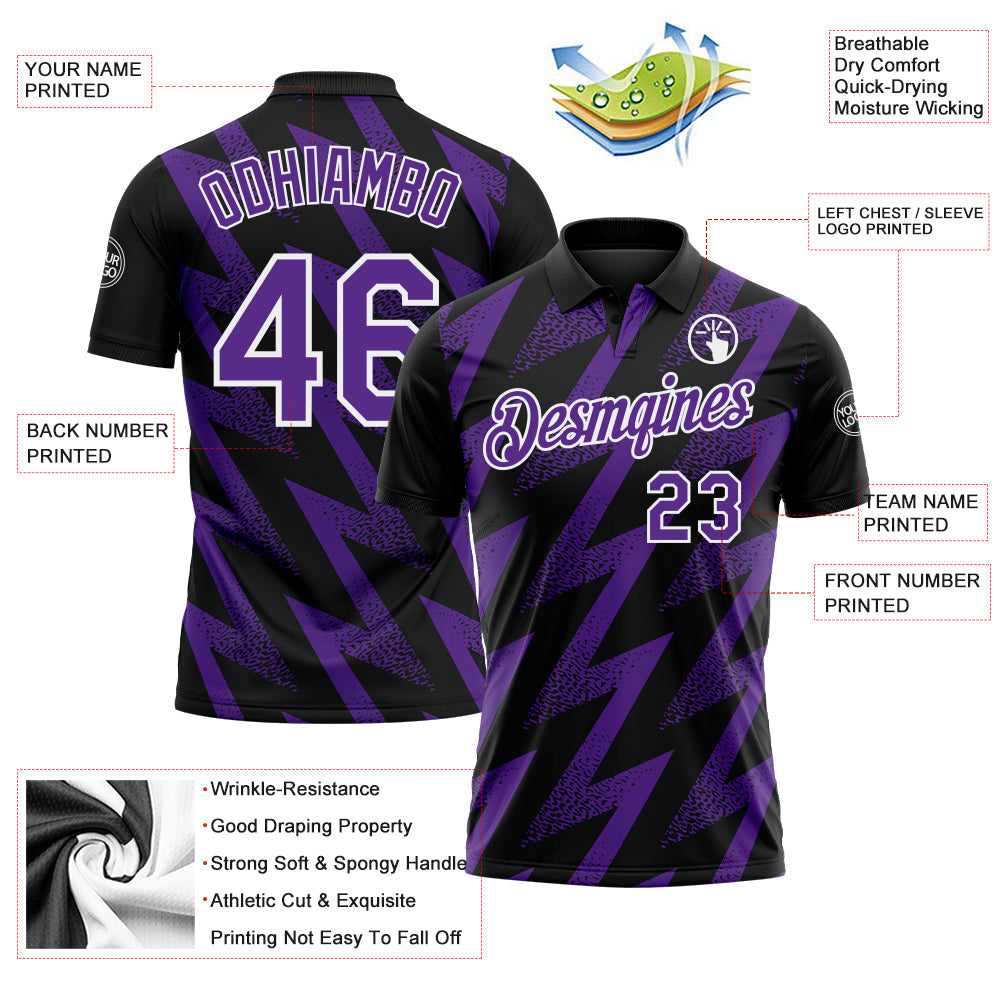 Custom Black Purple-White Geometric Zigzag Shape Lightning Performance Polo Shirt
