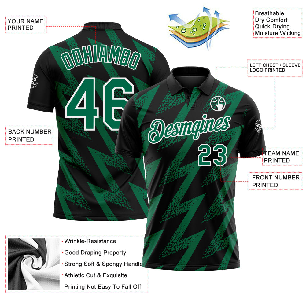 Custom Black Kelly Green-White Geometric Zigzag Shape Lightning Performance Polo Shirt