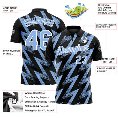 Custom Black Light Blue-White Geometric Zigzag Shape Lightning Performance Polo Shirt