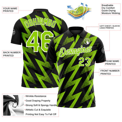 Custom Black Neon Green-White Geometric Zigzag Shape Lightning Performance Polo Shirt