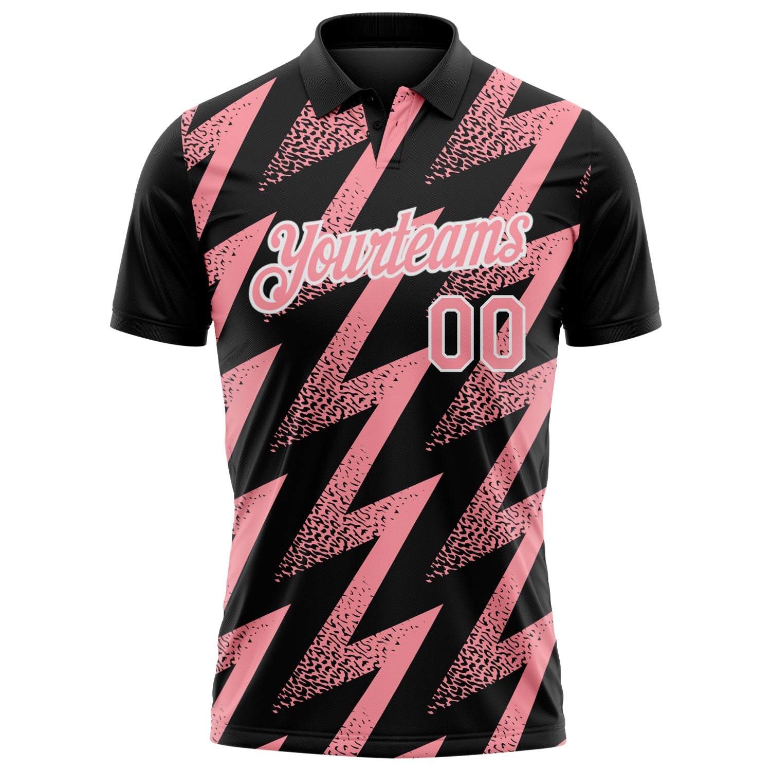 Custom Black Medium Pink-White Geometric Zigzag Shape Lightning Performance Polo Shirt