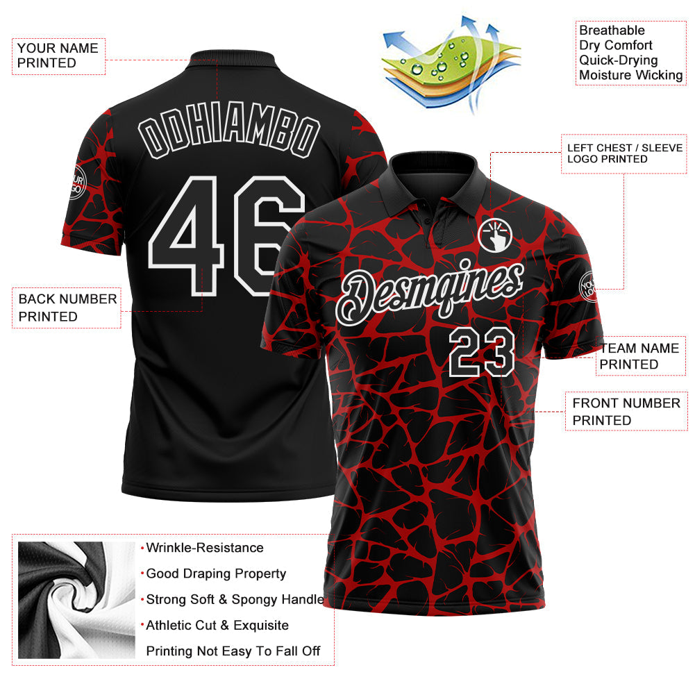 Custom Black Red-White 3D Pattern Abstract Network Crackle Performance Polo Shirt