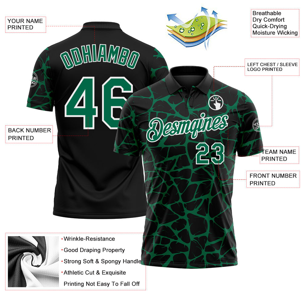 Custom Black Kelly Green-White 3D Pattern Abstract Network Crackle Performance Polo Shirt