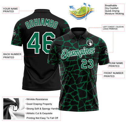 Custom Black Kelly Green-White 3D Pattern Abstract Network Crackle Performance Polo Shirt
