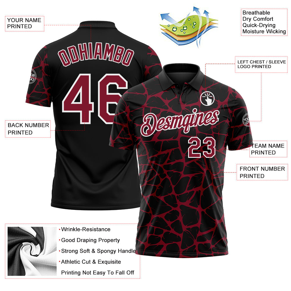 Custom Black Crimson-White 3D Pattern Abstract Network Crackle Performance Polo Shirt