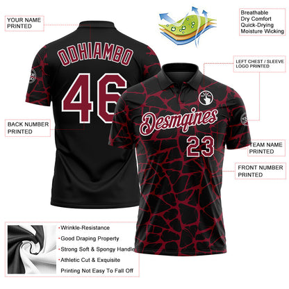 Custom Black Crimson-White 3D Pattern Abstract Network Crackle Performance Polo Shirt
