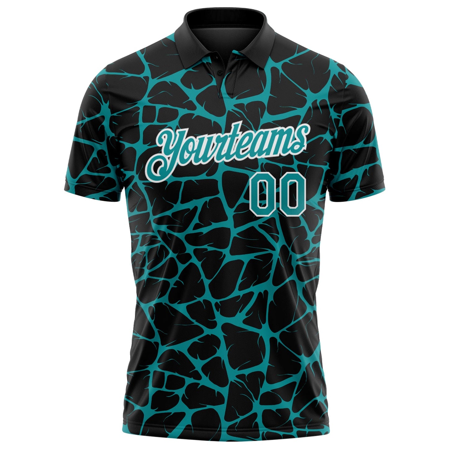 Custom Black Teal-White 3D Pattern Abstract Network Crackle Performance Polo Shirt