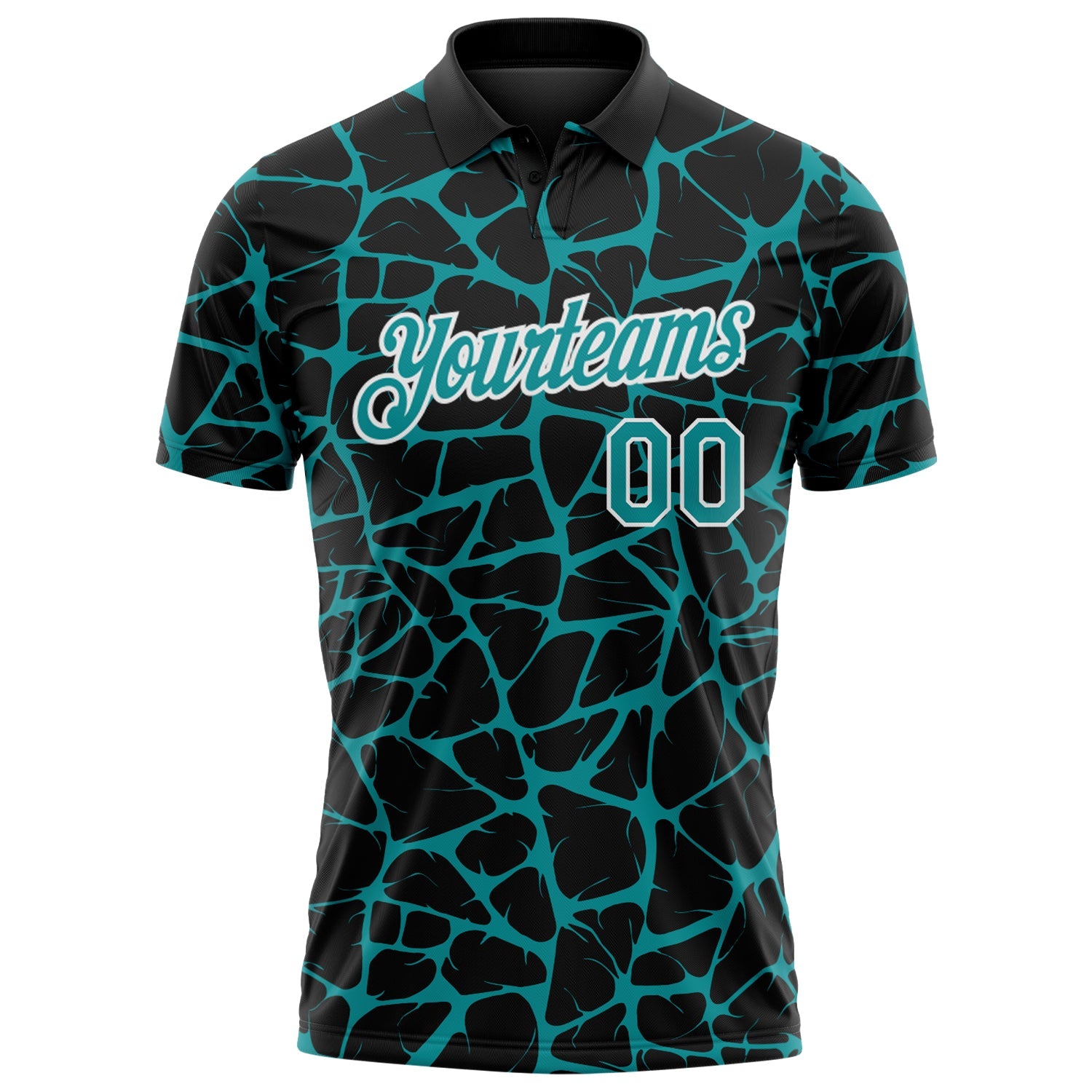Custom Black Teal-White 3D Pattern Abstract Network Crackle Performance Polo Shirt