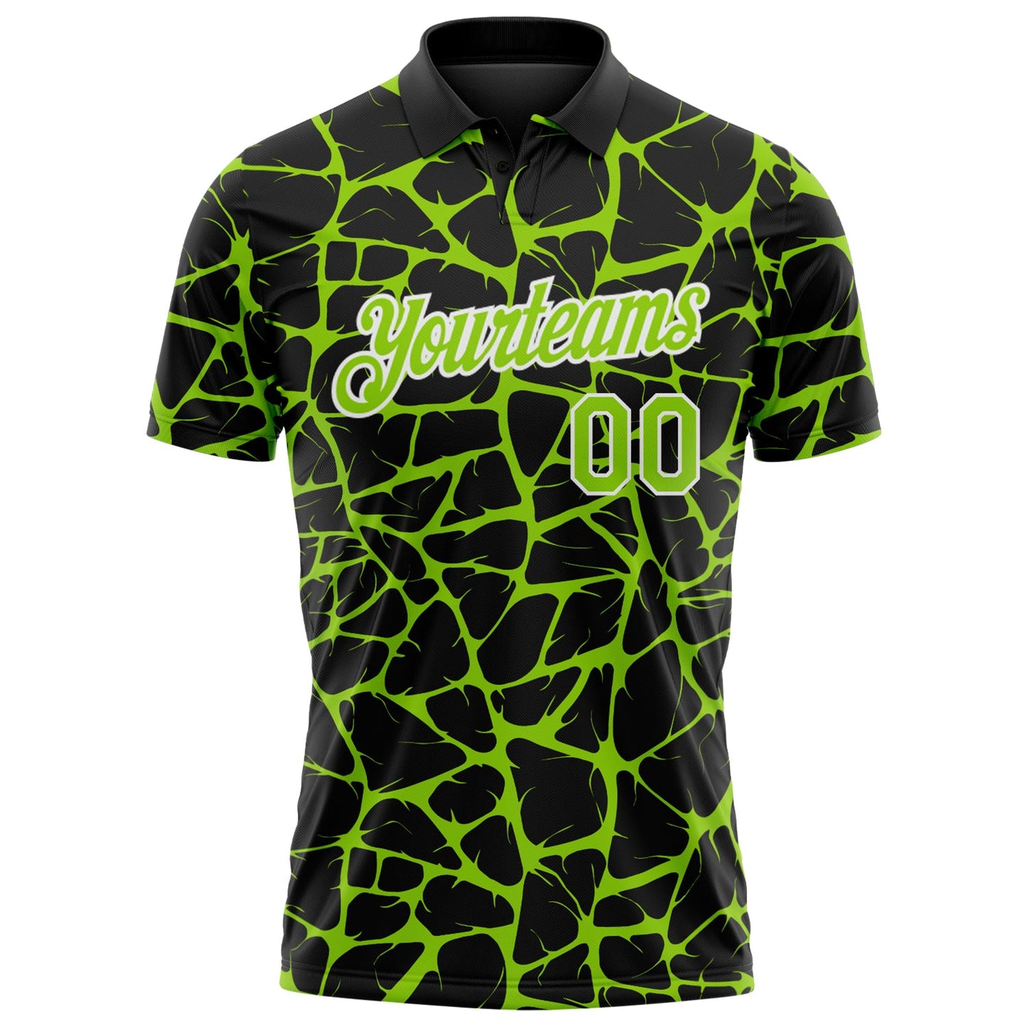 Custom Black Neon Green-White 3D Pattern Abstract Network Crackle Performance Polo Shirt