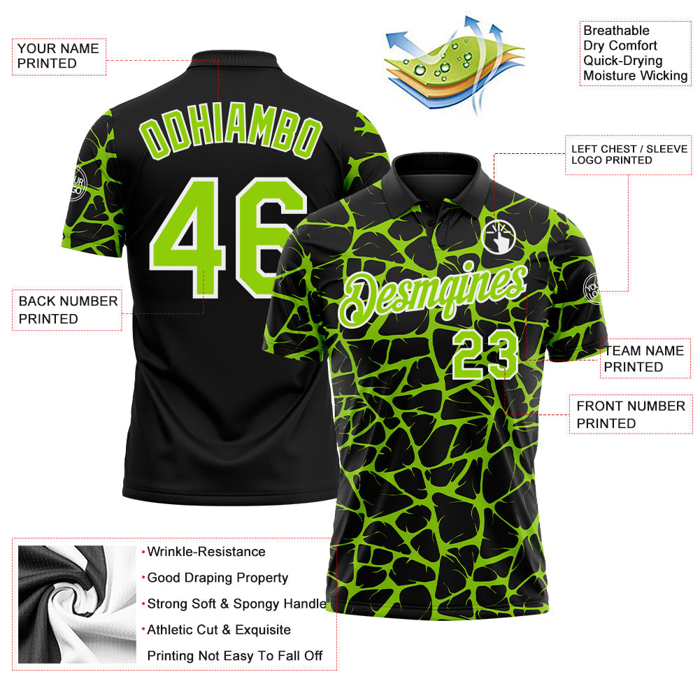 Custom Black Neon Green-White 3D Pattern Abstract Network Crackle Performance Polo Shirt