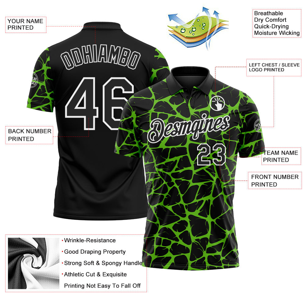 Custom Black Aurora Green-White 3D Pattern Abstract Network Crackle Performance Polo Shirt