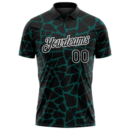 Custom Black Midnight Green-White 3D Pattern Abstract Network Crackle Performance Polo Shirt
