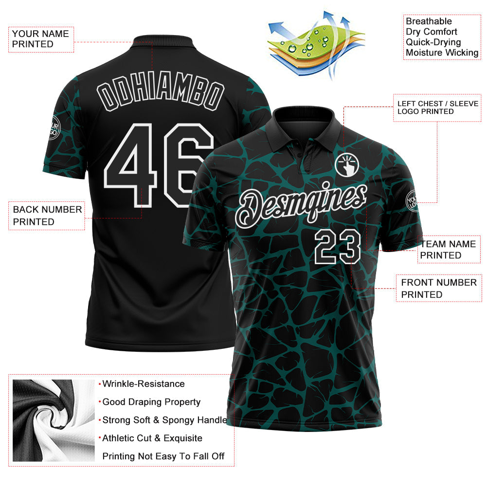 Custom Black Midnight Green-White 3D Pattern Abstract Network Crackle Performance Polo Shirt