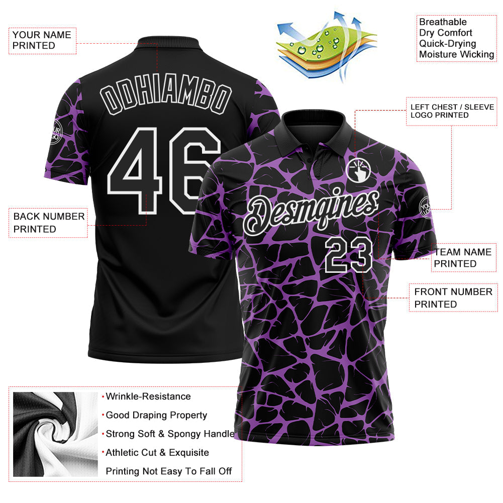Custom Black Medium Purple-White 3D Pattern Abstract Network Crackle Performance Polo Shirt