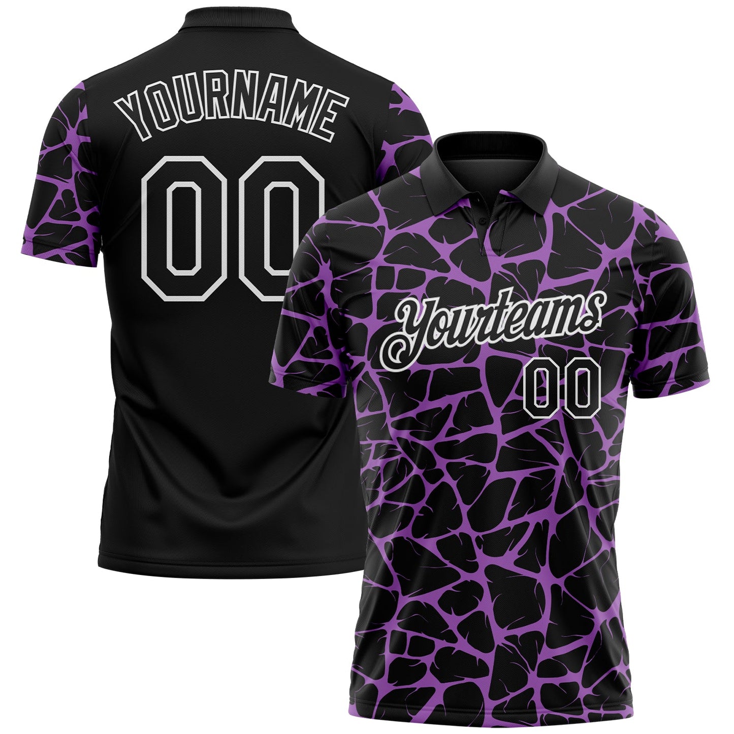 Custom Black Medium Purple-White 3D Pattern Abstract Network Crackle Performance Polo Shirt