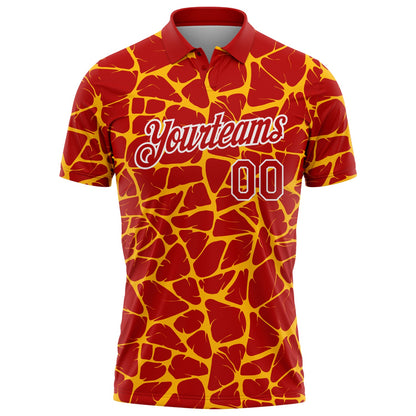 Custom Red Gold-White 3D Pattern Abstract Network Crackle Performance Polo Shirt