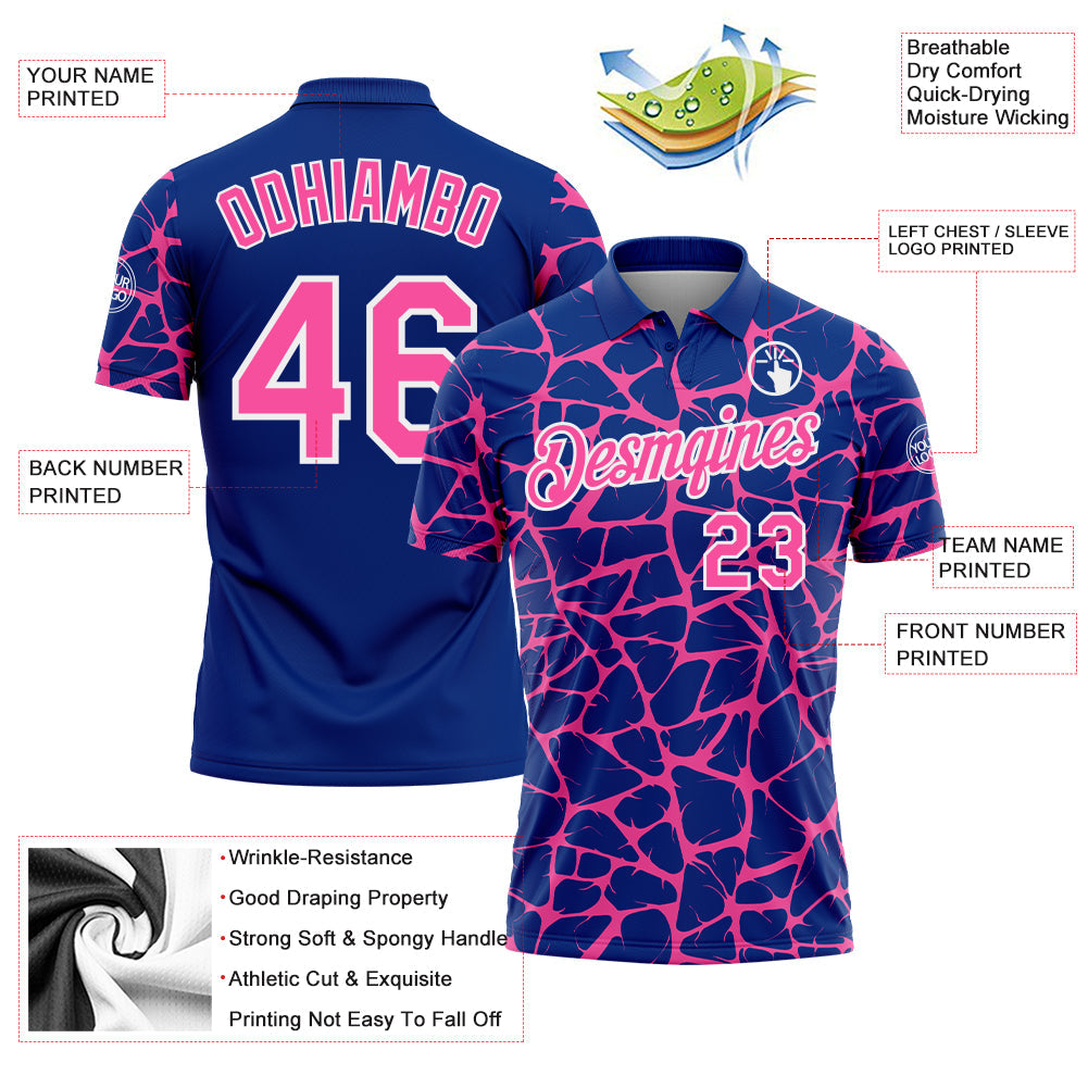 Custom Royal Pink-White 3D Pattern Abstract Network Crackle Performance Polo Shirt