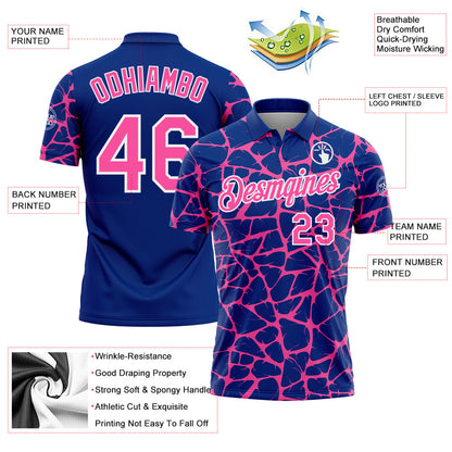 Custom Royal Pink-White 3D Pattern Abstract Network Crackle Performance Polo Shirt