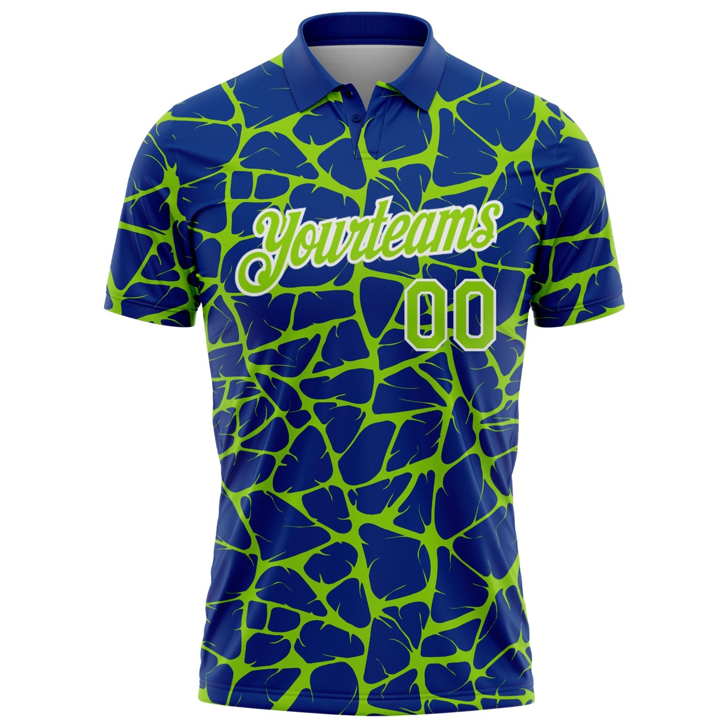 Custom Royal Neon Green-White 3D Pattern Abstract Network Crackle Performance Polo Shirt