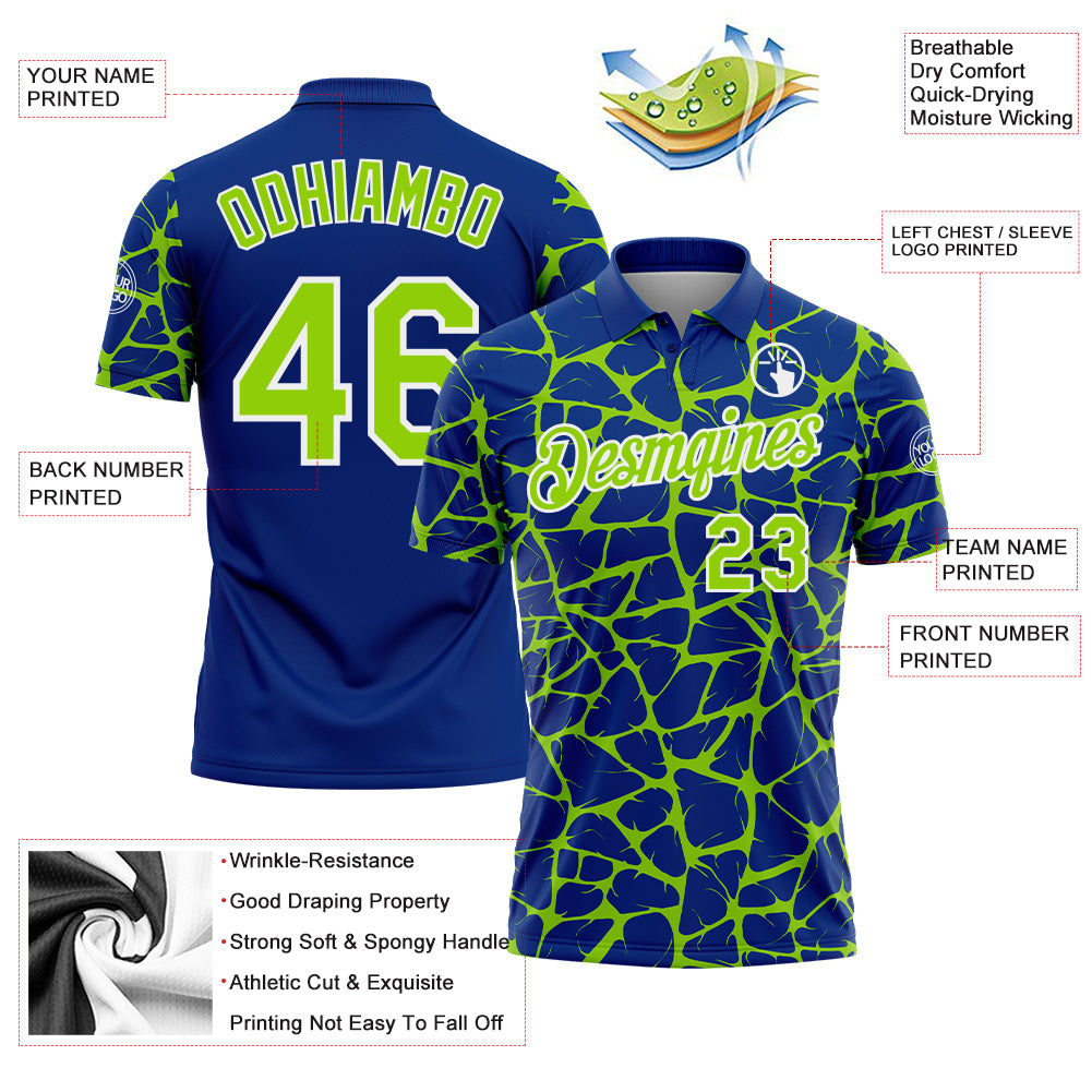 Custom Royal Neon Green-White 3D Pattern Abstract Network Crackle Performance Polo Shirt