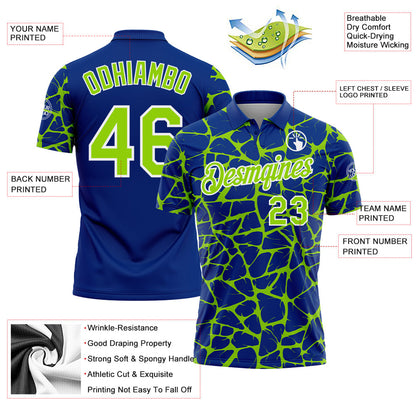 Custom Royal Neon Green-White 3D Pattern Abstract Network Crackle Performance Polo Shirt