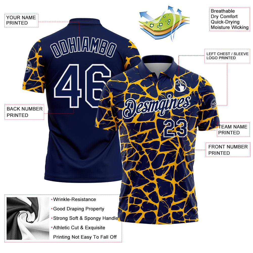 Custom Navy Gold-White 3D Pattern Abstract Network Crackle Performance Polo Shirt