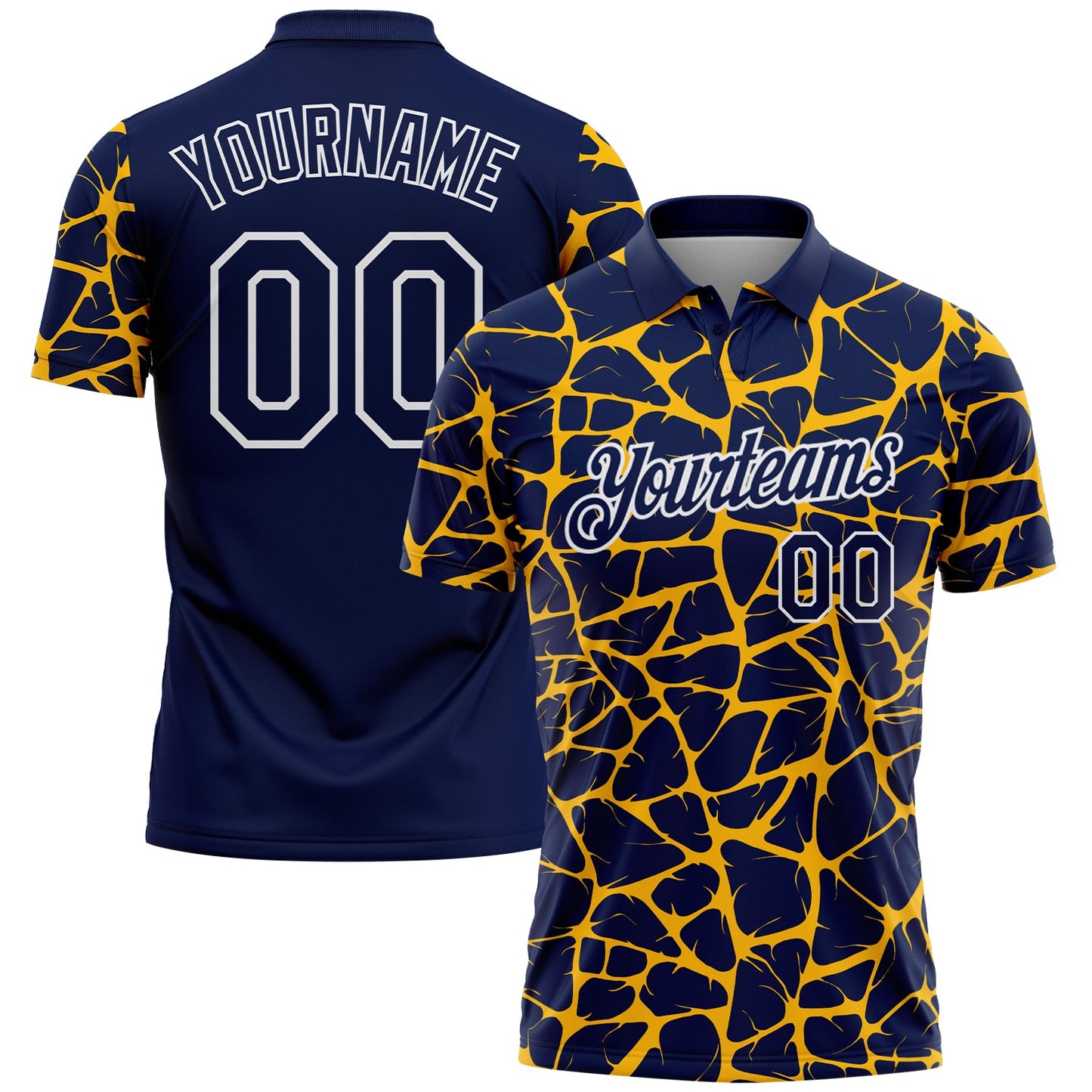 Custom Navy Gold-White 3D Pattern Abstract Network Crackle Performance Polo Shirt
