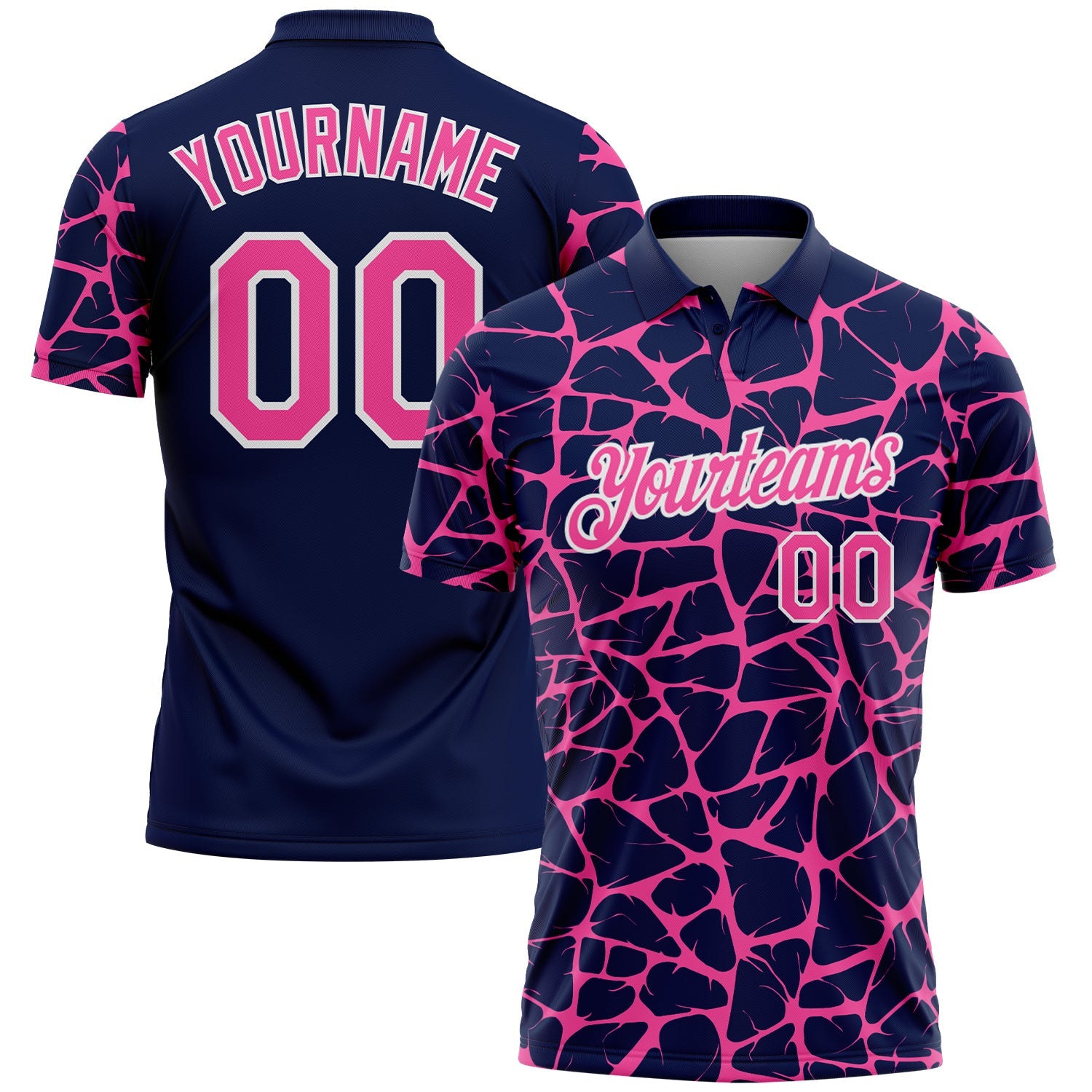 Custom Navy Pink-White 3D Pattern Abstract Network Crackle Performance Polo Shirt