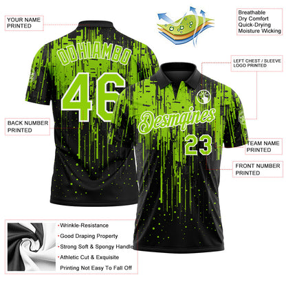 Custom Black Neon Green-White Dripping Splatter Paint Performance Polo Shirt