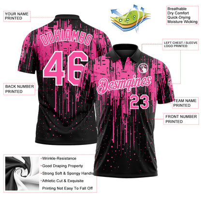 Custom Black Pink-White Dripping Splatter Paint Performance Polo Shirt
