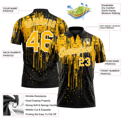 Custom Black Gold-White Dripping Splatter Paint Performance Polo Shirt