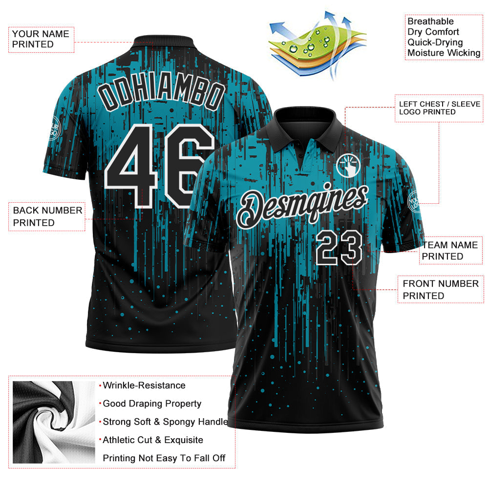 Custom Black Teal-White Dripping Splatter Paint Performance Polo Shirt