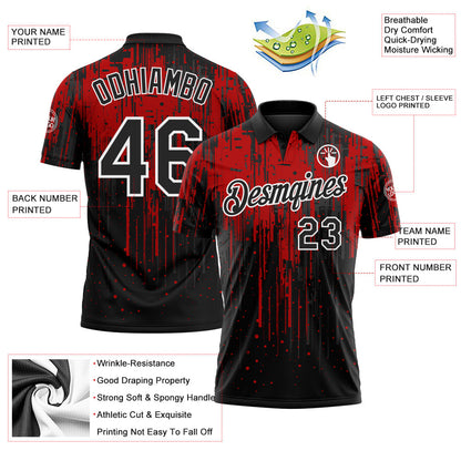 Custom Black Red-White Dripping Splatter Paint Performance Polo Shirt
