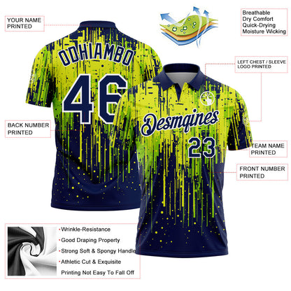 Custom Navy Neon Green Neon Yellow-White Dripping Splatter Paint Performance Polo Shirt