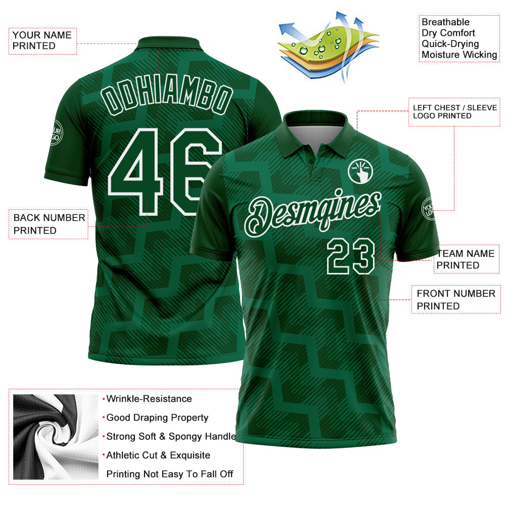 Custom Green Kelly Green-White Geometric Block Diagonal Line Hatching Performance Polo Shirt