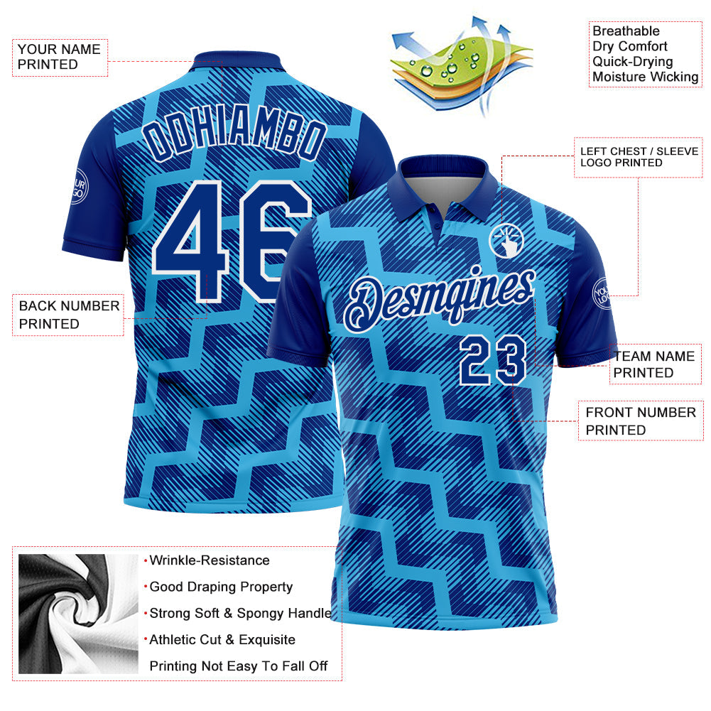 Custom Royal Sky Blue-White Geometric Block Diagonal Line Hatching Performance Polo Shirt