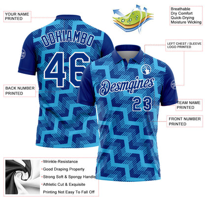 Custom Royal Sky Blue-White Geometric Block Diagonal Line Hatching Performance Polo Shirt