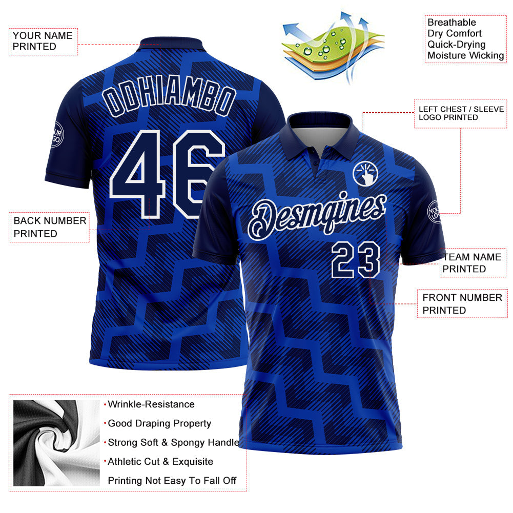 Custom Navy Thunder Blue-White Geometric Block Diagonal Line Hatching Performance Polo Shirt