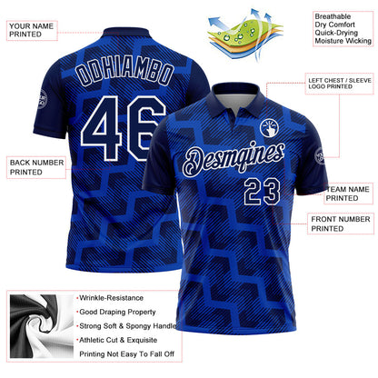 Custom Navy Thunder Blue-White Geometric Block Diagonal Line Hatching Performance Polo Shirt