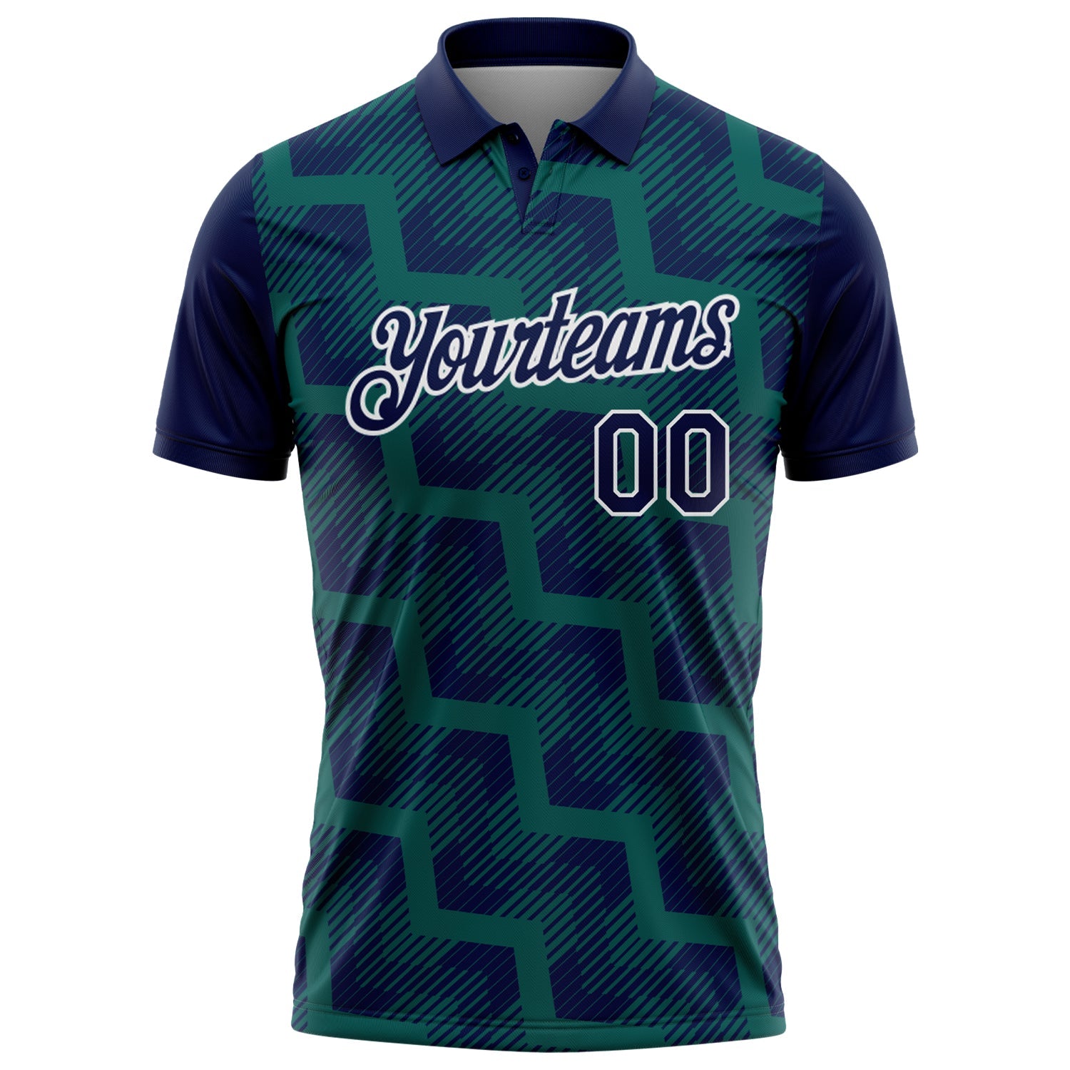 Custom Navy Midnight Green-White Geometric Block Diagonal Line Hatching Performance Polo Shirt