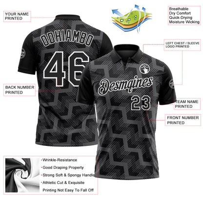 Custom Black Steel Gray-White Geometric Block Diagonal Line Hatching Performance Polo Shirt
