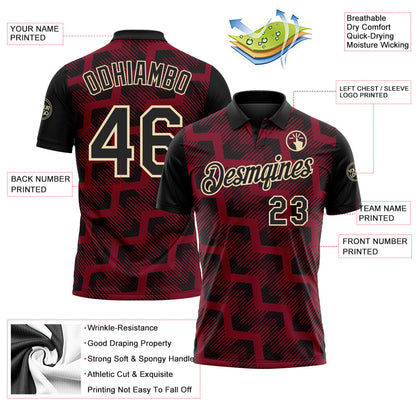 Custom Black Crimson-Cream Geometric Block Diagonal Line Hatching Performance Polo Shirt