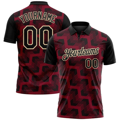 Custom Black Crimson-Cream Geometric Block Diagonal Line Hatching Performance Polo Shirt