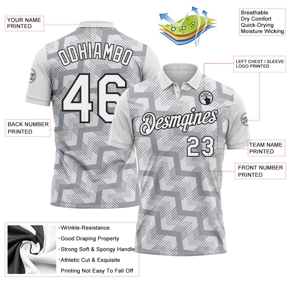 Custom White Gray-Black Geometric Block Diagonal Line Hatching Performance Polo Shirt