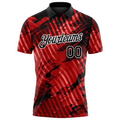 Custom Black Red-White Abstract Grunge Splatter Diagonal Stripe Performance Polo Shirt
