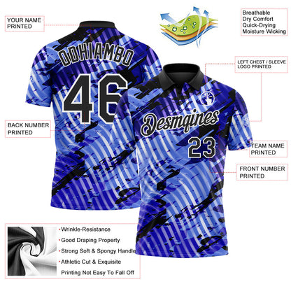 Custom Black Light Blue-White Abstract Grunge Splatter Diagonal Stripe Performance Polo Shirt
