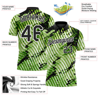 Custom Black Neon Green-White Abstract Grunge Splatter Diagonal Stripe Performance Polo Shirt
