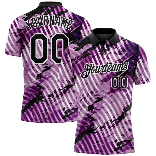 Custom Black Light Purple-White Abstract Grunge Splatter Diagonal Stripe Performance Polo Shirt