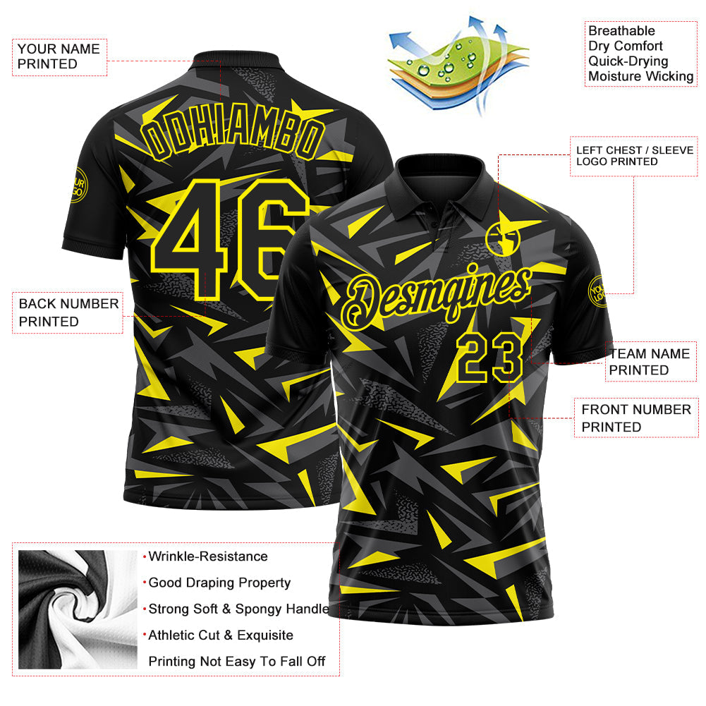 Custom Black Steel Gray-Light Yellow Cyber Mecha E-sport Geometric Shards Spike Performance Polo Shirt