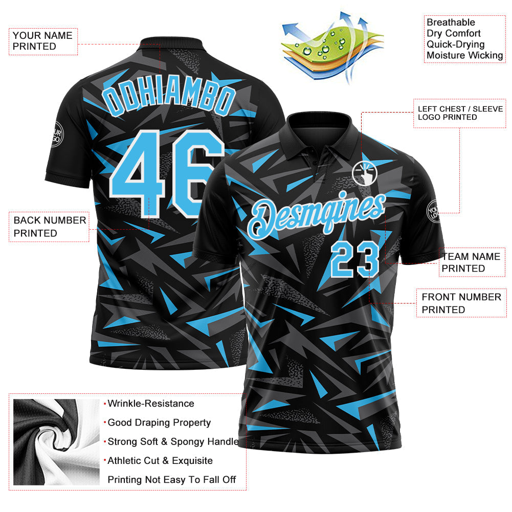 Custom Black Sky Blue Steel Gray-White Cyber Mecha E-sport Geometric Shards Spike Performance Polo Shirt